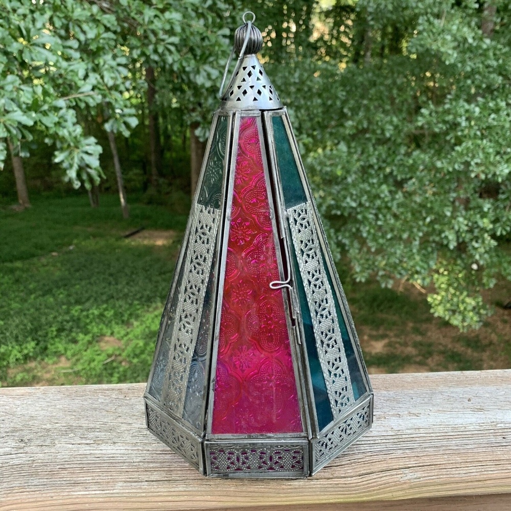 Moroccan Colored Glass Pillar Candle Hanging Light
